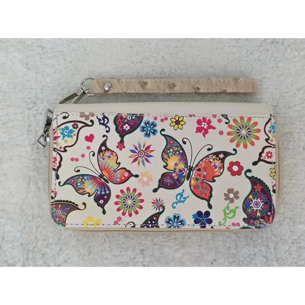 Colorful Embellished Butterfly Floral Design Wristlet Wallet Clutch Purse Tan